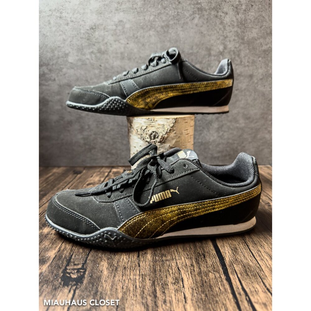 Puma Bella Sneakers – Black & Metallic Gold, Size 7